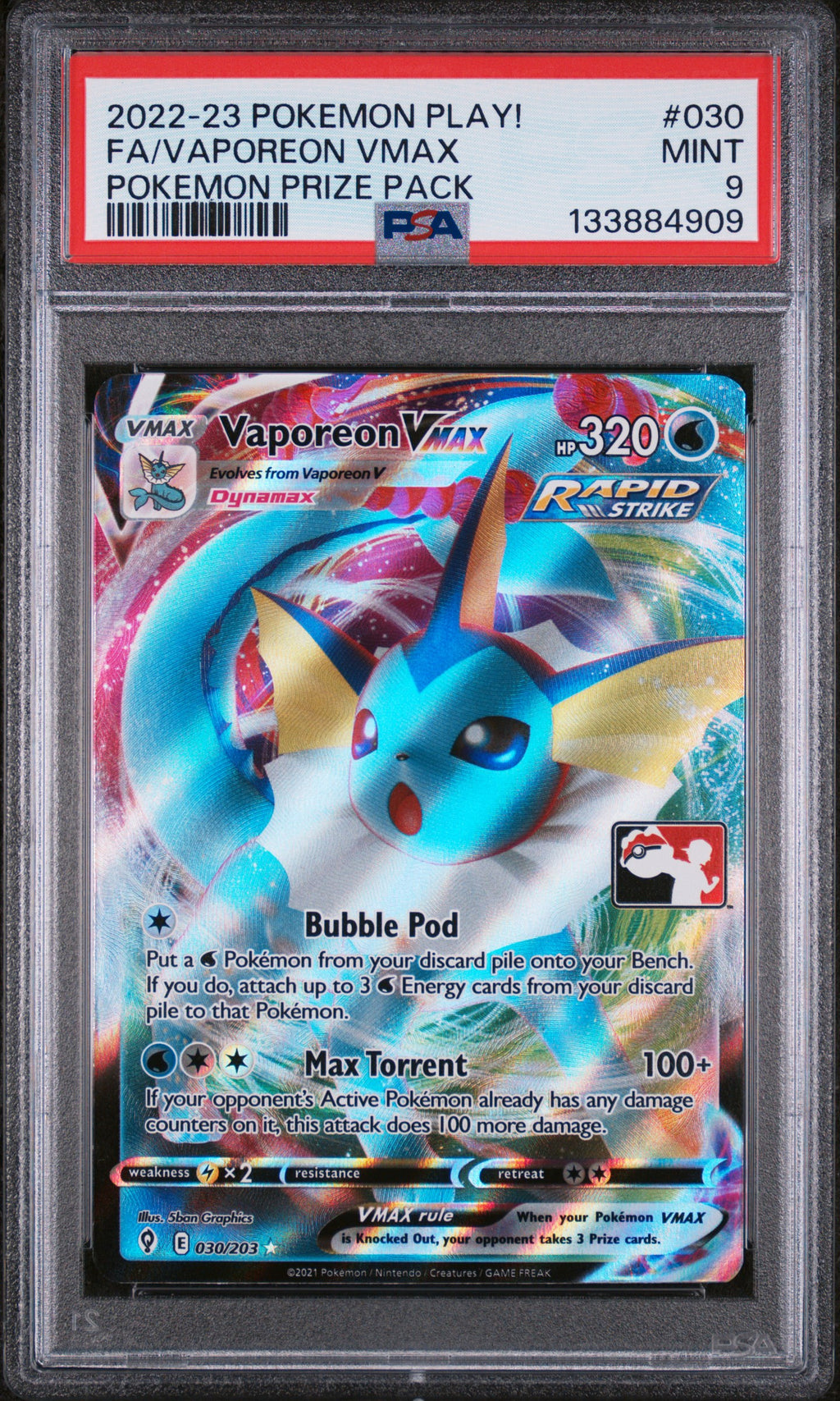 Vaporeon VMAX 030 Prize Pack Evolving Skies PSA 9