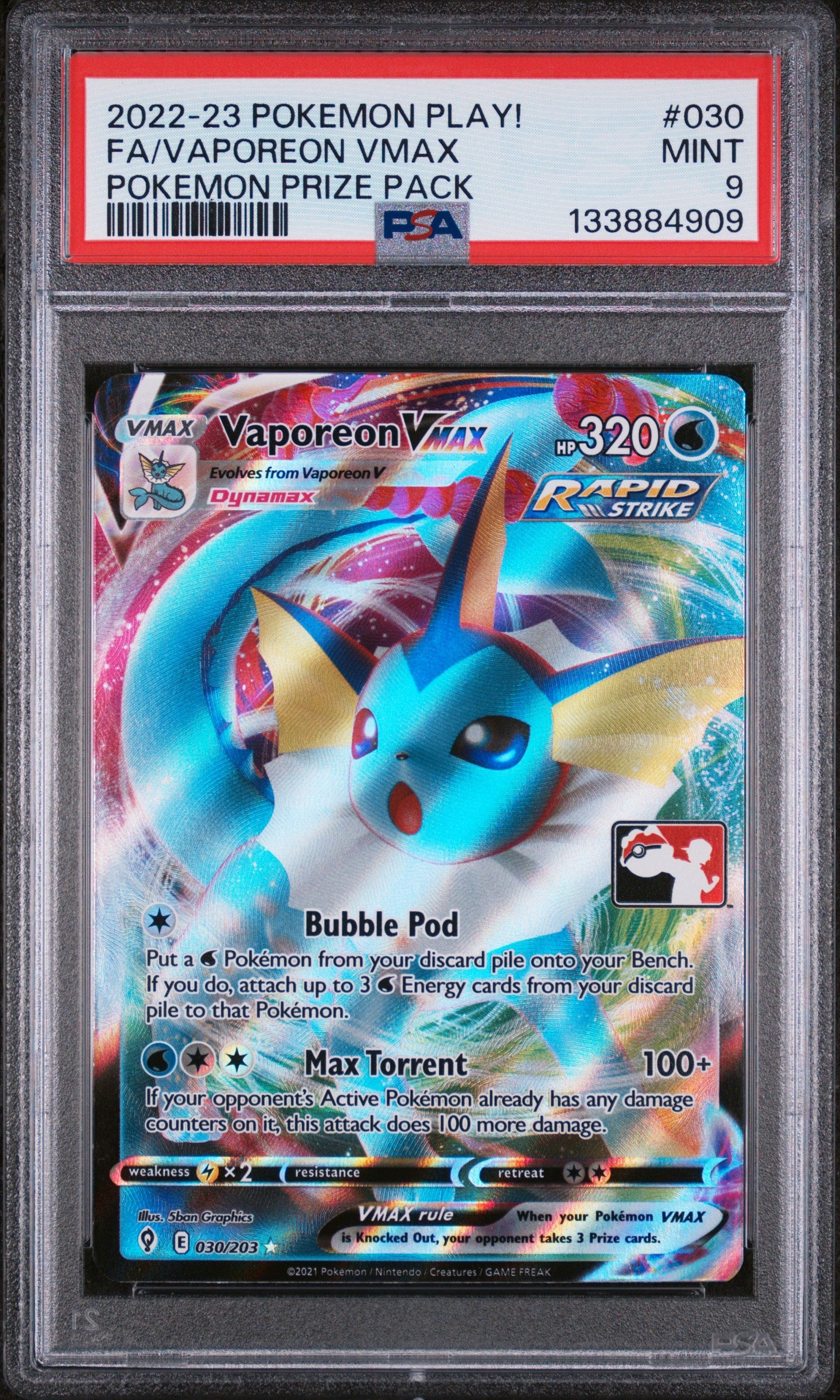 Vaporeon VMAX 030 Prize Pack Evolving Skies PSA 9