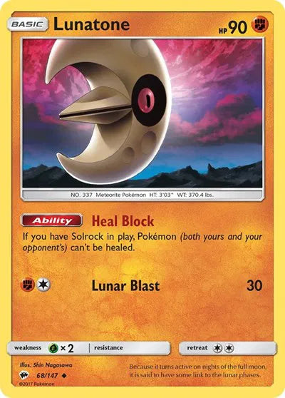 68/147 Lunatone Reverse Holo - Burning Shadows