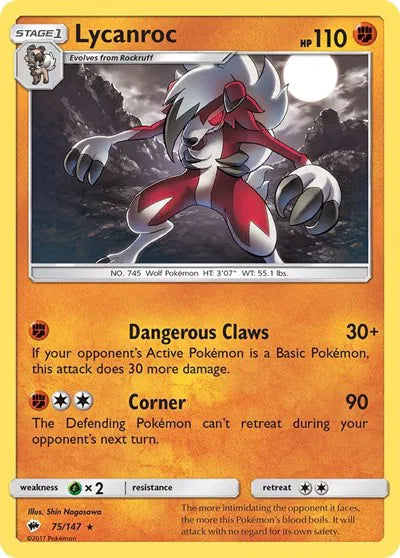 75/147 Lycanroc Reverse Holo - Burning Shadows