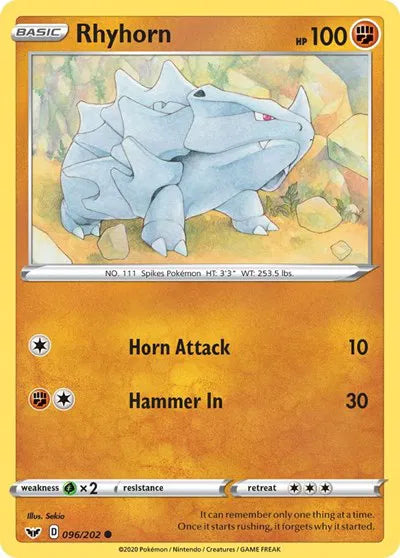 096/202 Rhyhorn Reverse Holo - Sword & Shield