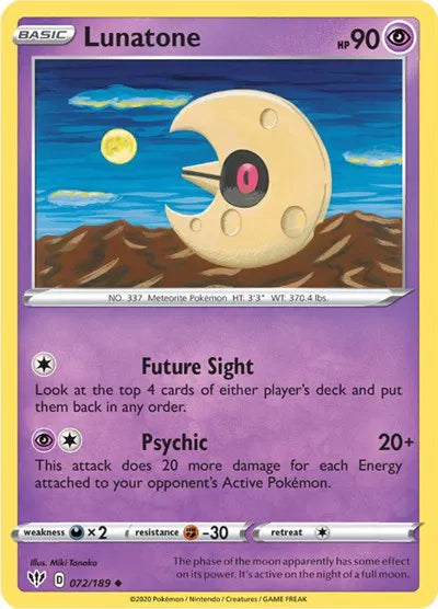072/189 Lunatone Reverse Holo - Darkness Ablaze