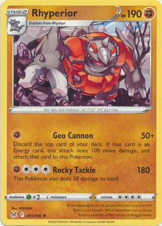091/196 Rhyperior Reverse Holo - Lost Origin